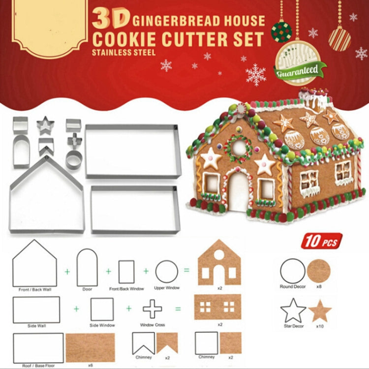 10 in 1 3D Stainless Steel Biscuit Mold Christmas Gingerbread House Baking Tools, Gingerbread Mold(10 in 1)