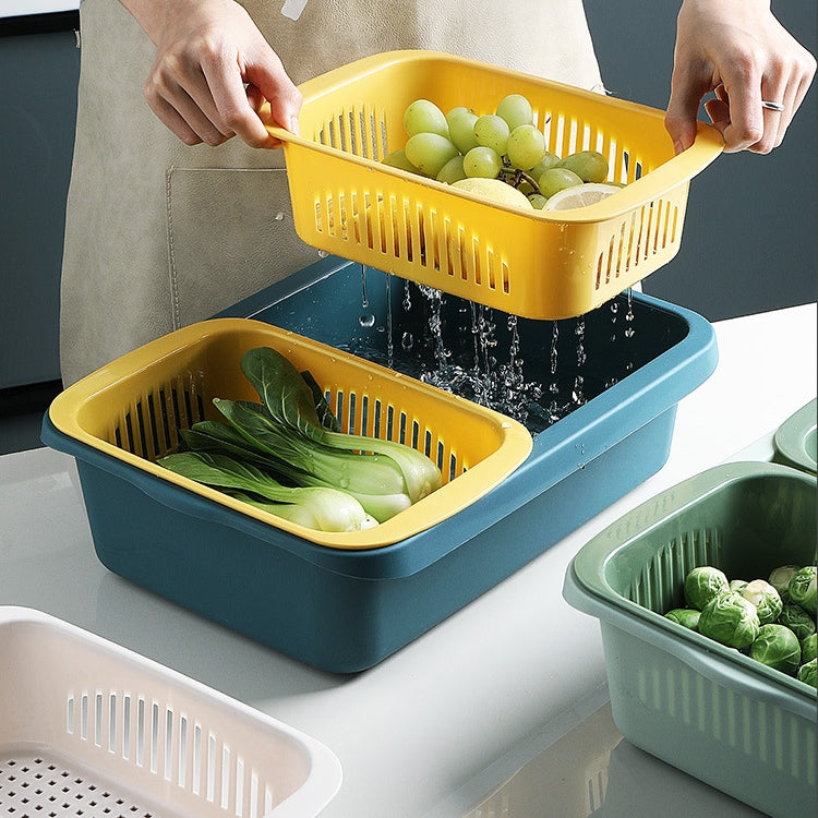 Double-layer Classification Square Drain Basket Kitchen Household Plastic Fruit and Vegetable Basket, Dark Red, Yellow Blue, Grass Green, Light Gray