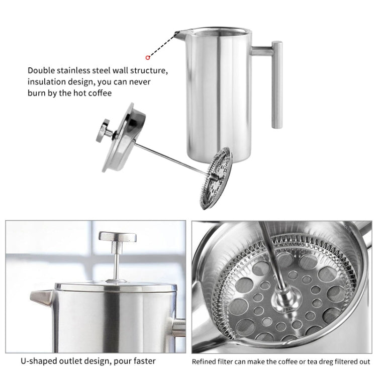 304 Stainless Steel French Pressure Coffee Pot Hand Made Tea Pot, 350ml, 800ml, 1000ml