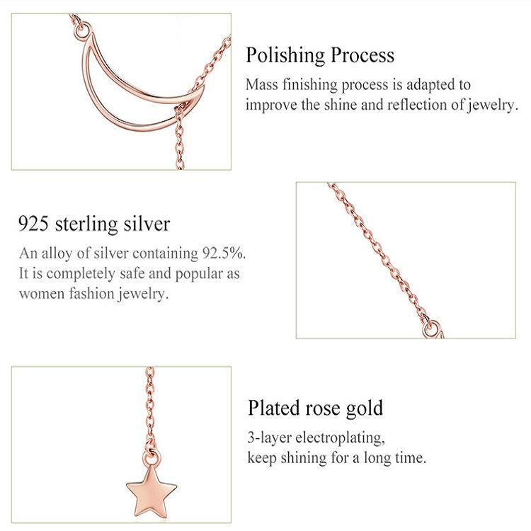 Star Moon S925 Sterling Silver Rose Gold Plated Necklace, SCN108-C