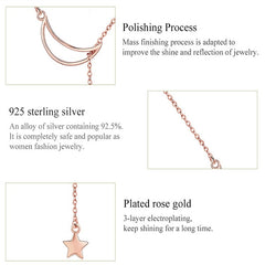 Star Moon S925 Sterling Silver Rose Gold Plated Necklace, SCN108-C