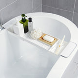Retractable Drain Bathtub Rack Bathroom Plastic Soaking Tub Rack Bathtub Shower Storage Rack, White+Gray
