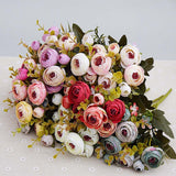 1 Bundle Retro Tea Roses Bride Bouquet Artificial Flowers, White, Light Pink, Red, Yellow, Gray Blue, Dark Pink, Light Purple