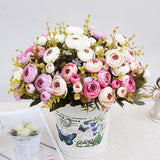1 Bundle Retro Tea Roses Bride Bouquet Artificial Flowers, White, Light Pink, Red, Yellow, Gray Blue, Dark Pink, Light Purple