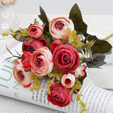 1 Bundle Retro Tea Roses Bride Bouquet Artificial Flowers, White, Light Pink, Red, Yellow, Gray Blue, Dark Pink, Light Purple Red