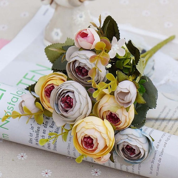 1 Bundle Retro Tea Roses Bride Bouquet Artificial Flowers, White, Light Pink, Red, Yellow, Gray Blue, Dark Pink, Light Purple Yellow