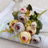 1 Bundle Retro Tea Roses Bride Bouquet Artificial Flowers, White, Light Pink, Red, Yellow, Gray Blue, Dark Pink, Light Purple Yellow