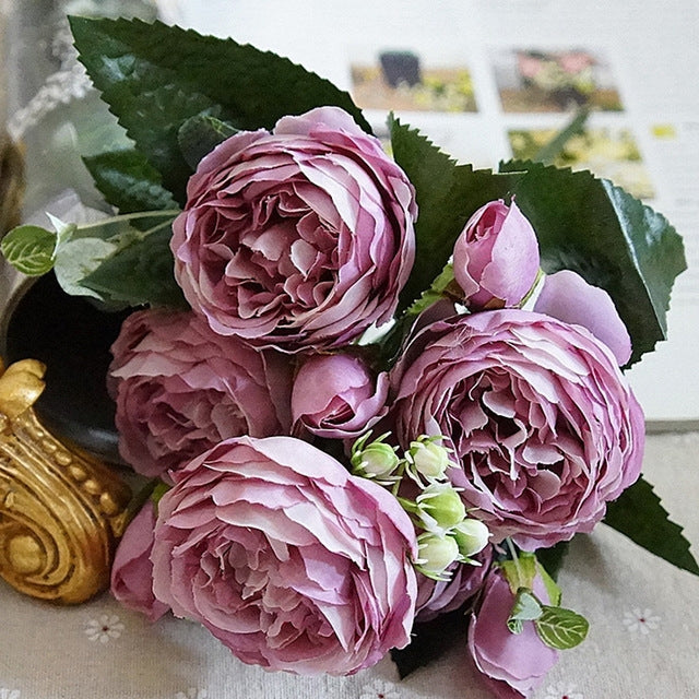 5 PCS Artificial Rose Flowers Small Bouquet Flores Home Party Wedding Fake Flower Decoration, Yellow, White, Purple, Magenta, Pink, Pink and Magenta, Blue