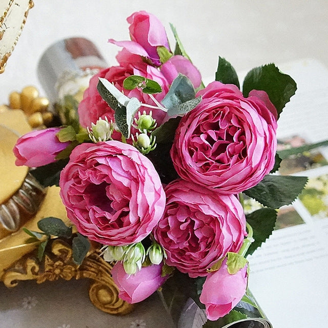 5 PCS Artificial Rose Flowers Small Bouquet Flores Home Party Wedding Fake Flower Decoration, Yellow, White, Purple, Magenta, Pink, Pink and Magenta, Blue