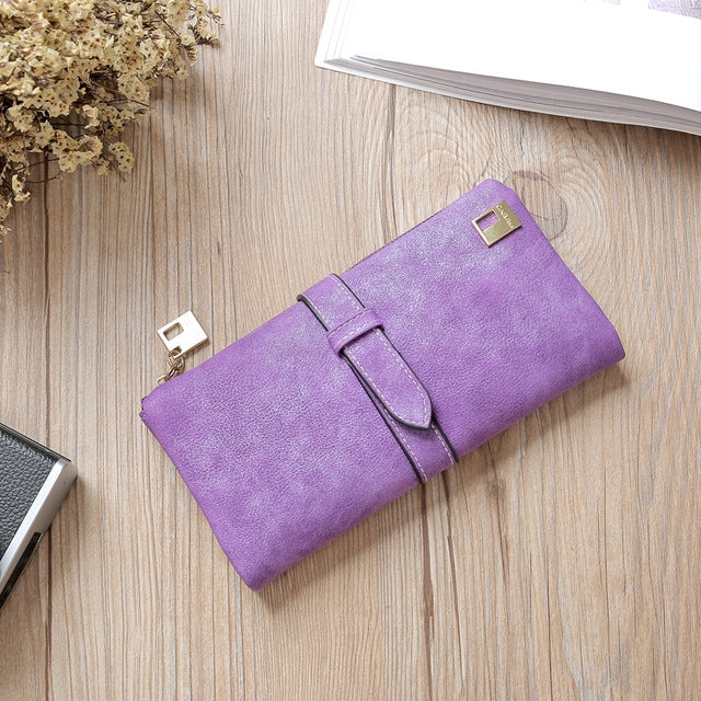 Solid Drawstring Nubuck Leather Zipper Long Women Wallet Phone Bag Purse Card Holder