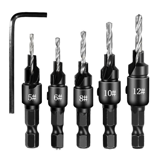 5 PCS/Set Countersink Woodworking Drill Bit Set Hexagon Screw Hardware Tool, Gold, Silver