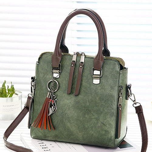 Vintage PU Leather Ladies HandBags Women Messenger Bags Totes Tassel Designer Crossbody Shoulder Bag Boston Hand Bags Army Green