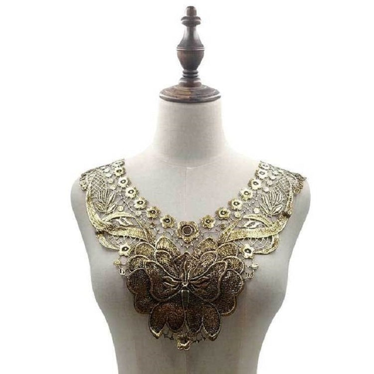Lace Butterfly Flower Embroidery Collar Flower Three-dimensional Hollow Fake Collar DIY Clothing Accessories, Size: 36 x 30cm, Gold, Gold Line