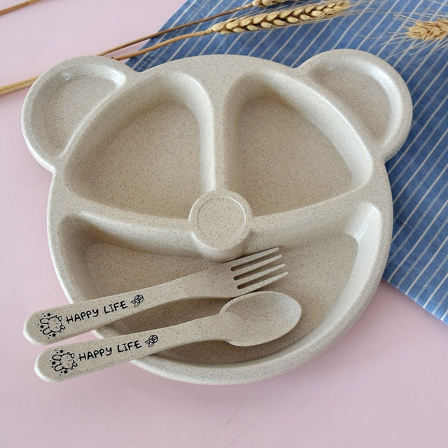 3 PCS/Set Baby Bowl+Spoon+Fork Feeding Food Tableware Cartoon Bear Kids Dishes Eating Dinnerware Beige Set