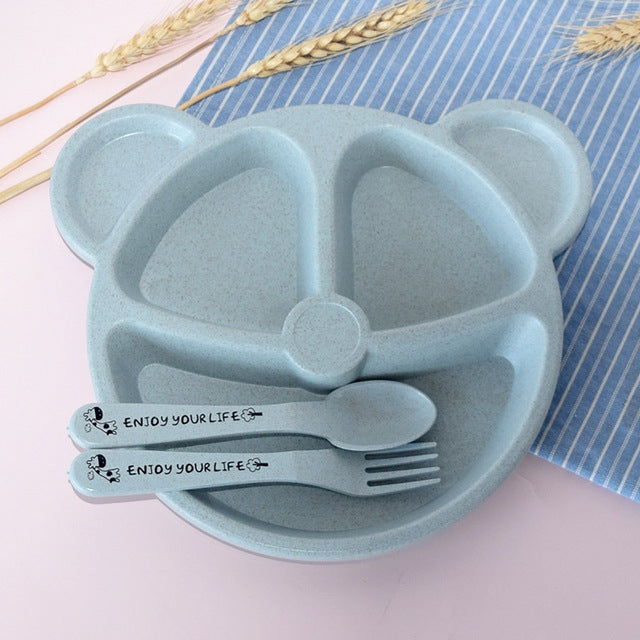 3 PCS/Set Baby Bowl+Spoon+Fork Feeding Food Tableware Cartoon Bear Kids Dishes Eating Dinnerware Blue Set