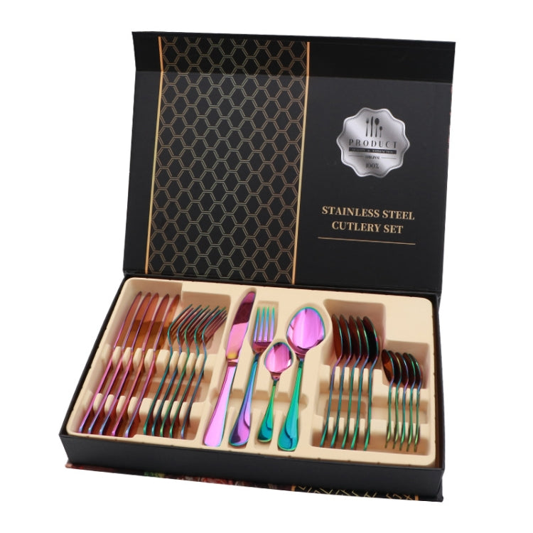 24 in 1 Stainless Steel Tableware Western Steak Cutlery Gift Set, Silver, Golden, Rose Gold, Rainbow Color, Black Rainbow Color