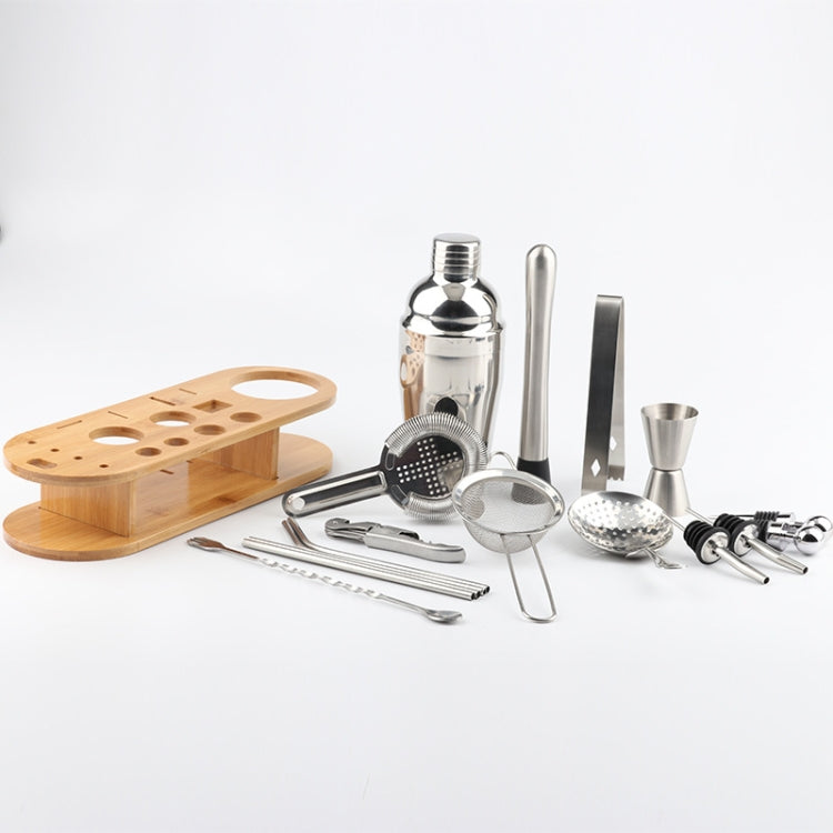 18 in 1 Stainless Steel Cocktail Shaker Set, Oval Bamboo Base, Bar Tool Set, 350ml, 550ml, 750ml