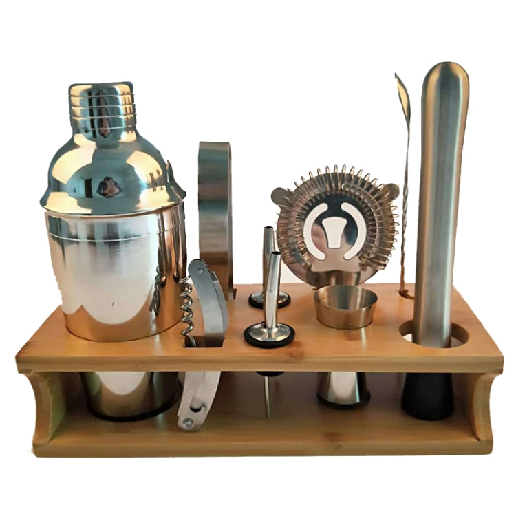 10 in 1 Stainless Steel Shaker Bamboo Stand Set Oblique Mouth Bar Cocktail Bartending Tool, 350ml, 550ml, 750ml 350ml