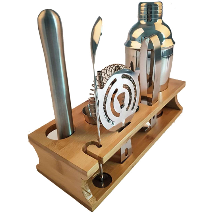10 in 1 Stainless Steel Shaker Bamboo Stand Set Oblique Mouth Bar Cocktail Bartending Tool, 350ml, 550ml, 750ml
