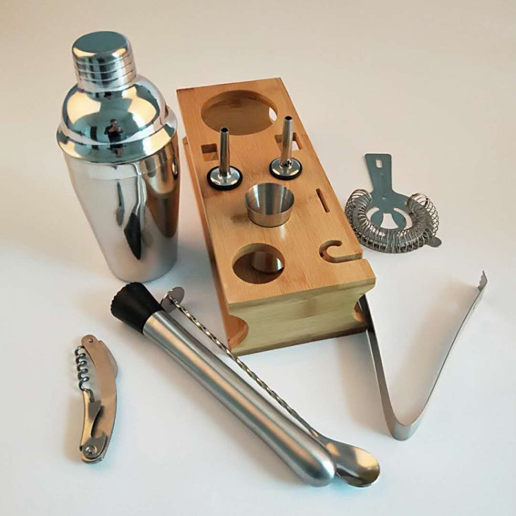 10 in 1 Stainless Steel Shaker Bamboo Stand Set Oblique Mouth Bar Cocktail Bartending Tool, 350ml, 550ml, 750ml