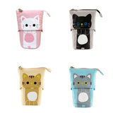 Corduroy Retractable Drop-Down Pencil Case Student Stationery Storage Bag, White Cat, Black Cat, Coffee Cat, Gray Cat