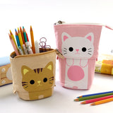 Corduroy Retractable Drop-Down Pencil Case Student Stationery Storage Bag, White Cat, Black Cat, Coffee Cat, Gray Cat