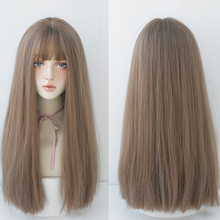 Wig Female Long Hair Full Headgear Straight Hair Natural Air Bangs Full Top Wig, Honey Tea Linen 58CM, Cool Brown 58CM, Black Tea Color 58CM