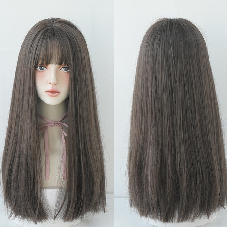Wig Female Long Hair Full Headgear Straight Hair Natural Air Bangs Full Top Wig, Honey Tea Linen 58CM, Cool Brown 58CM, Black Tea Color 58CM