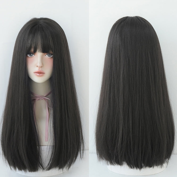 Wig Female Long Hair Full Headgear Straight Hair Natural Air Bangs Full Top Wig, Honey Tea Linen 58CM, Cool Brown 58CM, Black Tea Color 58CM