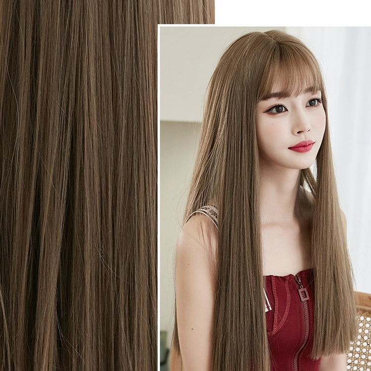 Wig Female Long Hair Full Headgear Straight Hair Natural Air Bangs Full Top Wig, Honey Tea Linen 58CM, Cool Brown 58CM, Black Tea Color 58CM