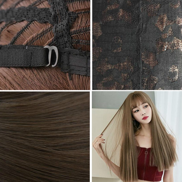 Wig Female Long Hair Full Headgear Straight Hair Natural Air Bangs Full Top Wig, Honey Tea Linen 58CM, Cool Brown 58CM, Black Tea Color 58CM