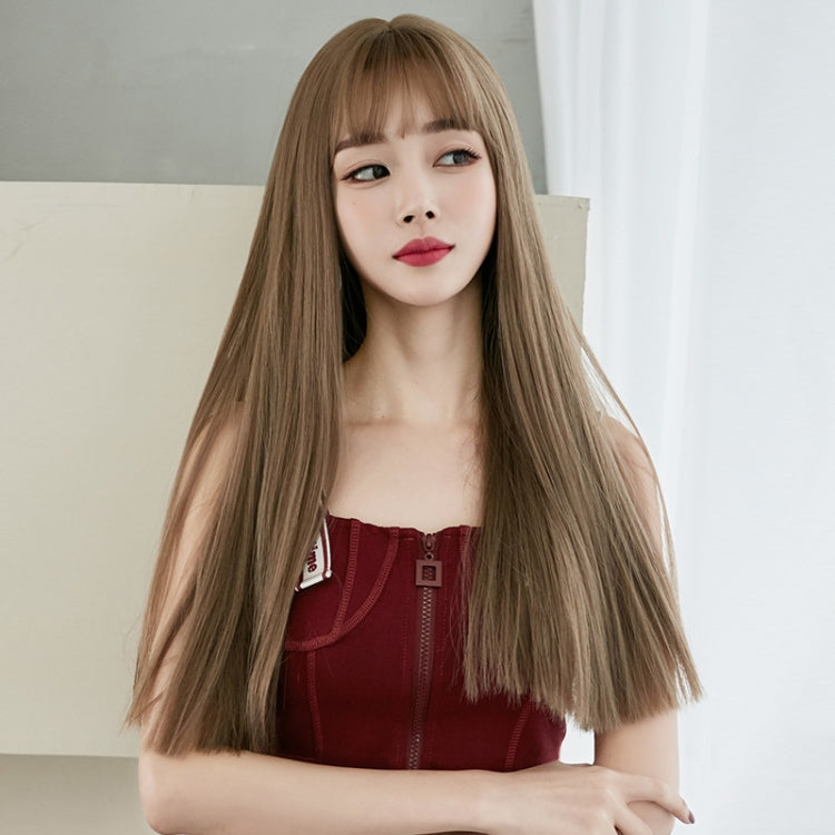 Wig Female Long Hair Full Headgear Straight Hair Natural Air Bangs Full Top Wig, Honey Tea Linen 58CM, Cool Brown 58CM, Black Tea Color 58CM
