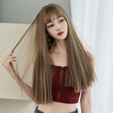 Wig Female Long Hair Full Headgear Straight Hair Natural Air Bangs Full Top Wig, Honey Tea Linen 58CM, Cool Brown 58CM, Black Tea Color 58CM