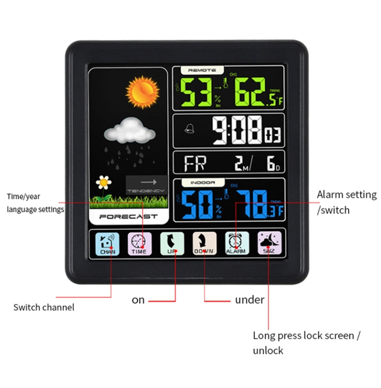 TS-3310 Wireless Weather Clock Multifunctional Color Screen Clock Creative Home Touch Screen Thermometer, Wood Grain, Black