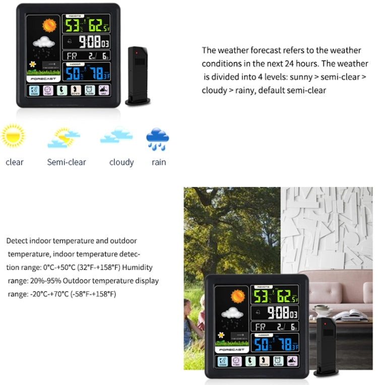 TS-3310 Wireless Weather Clock Multifunctional Color Screen Clock Creative Home Touch Screen Thermometer, Wood Grain, Black