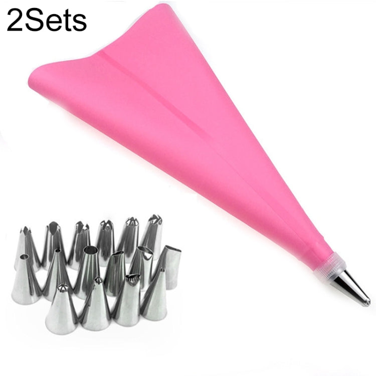 2 Sets Reusable Silicone Pastry Bag Cake Decorating Tools with 16 Nozzles Tips Pink