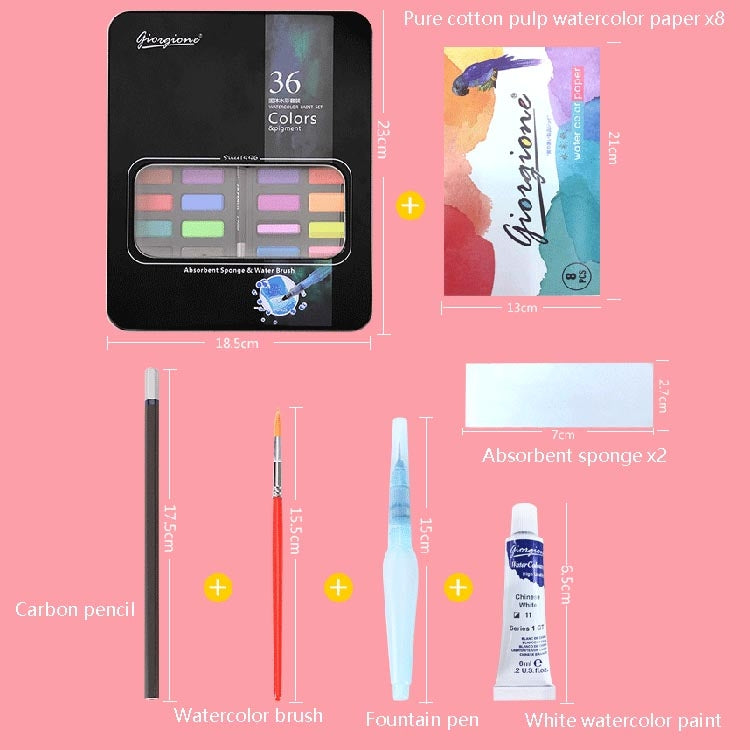 36 Colors Solid Watercolor Paint Children Sketch Watercolor, Black Tin Box, Blue, Pink, Black
