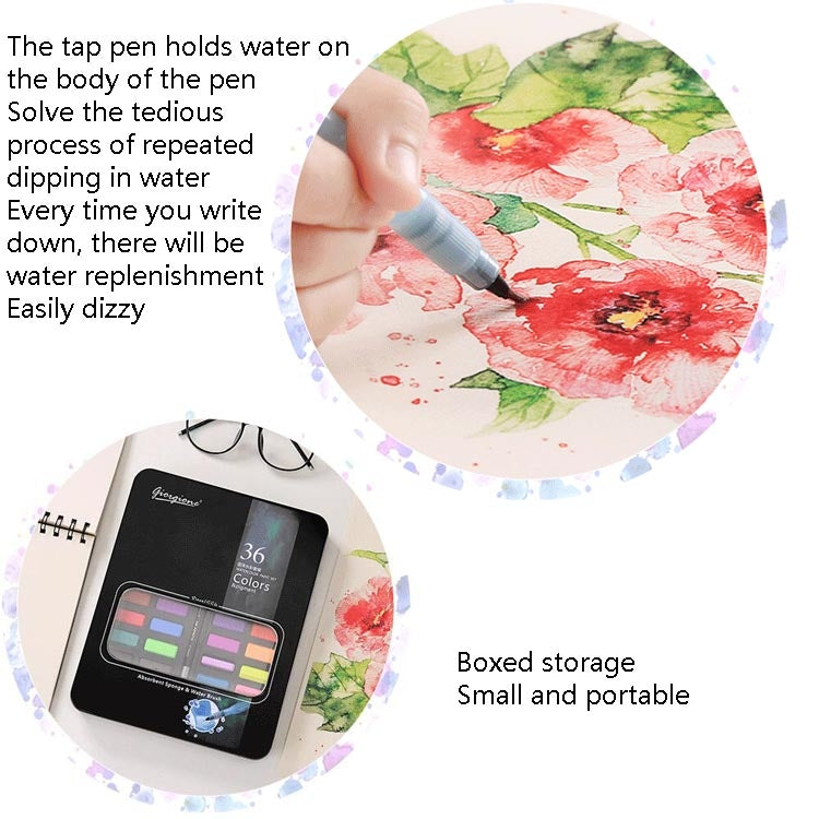 36 Colors Solid Watercolor Paint Children Sketch Watercolor, Black Tin Box, Blue, Pink, Black