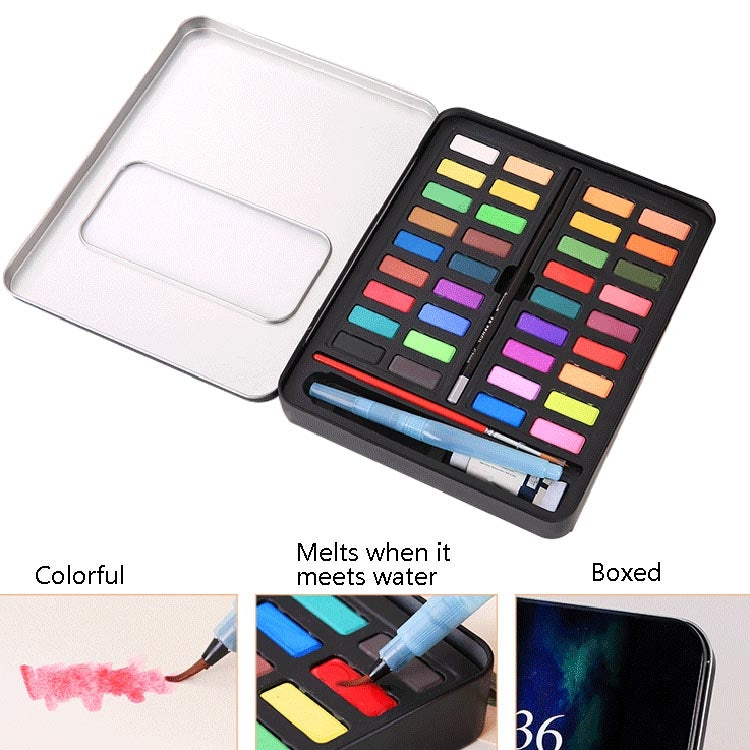 36 Colors Solid Watercolor Paint Children Sketch Watercolor, Black Tin Box, Blue, Pink, Black