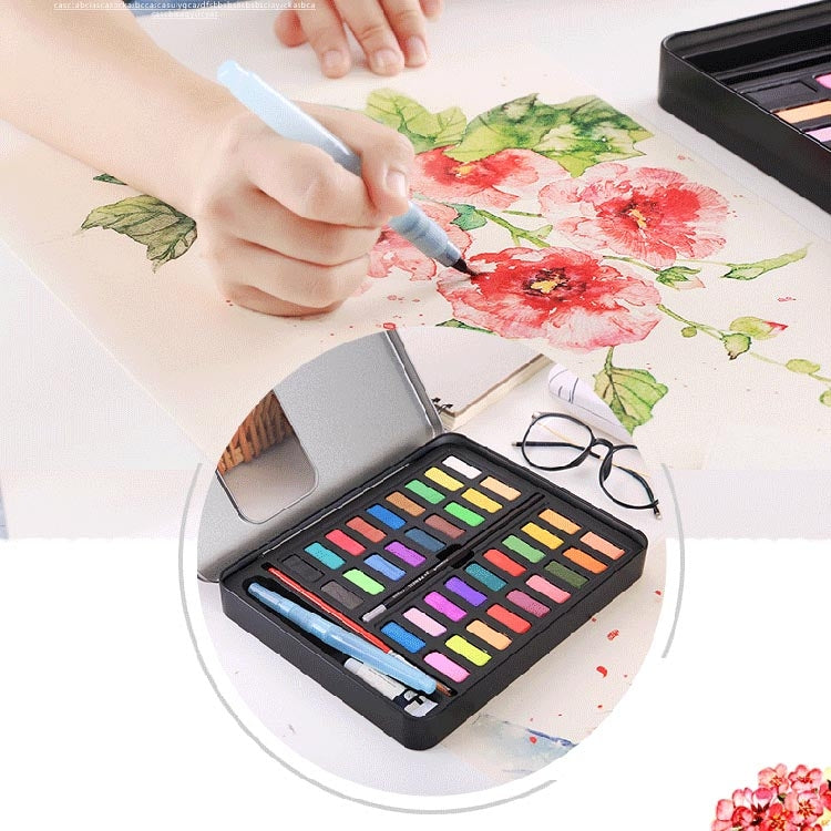 36 Colors Solid Watercolor Paint Children Sketch Watercolor, Black Tin Box, Blue, Pink, Black