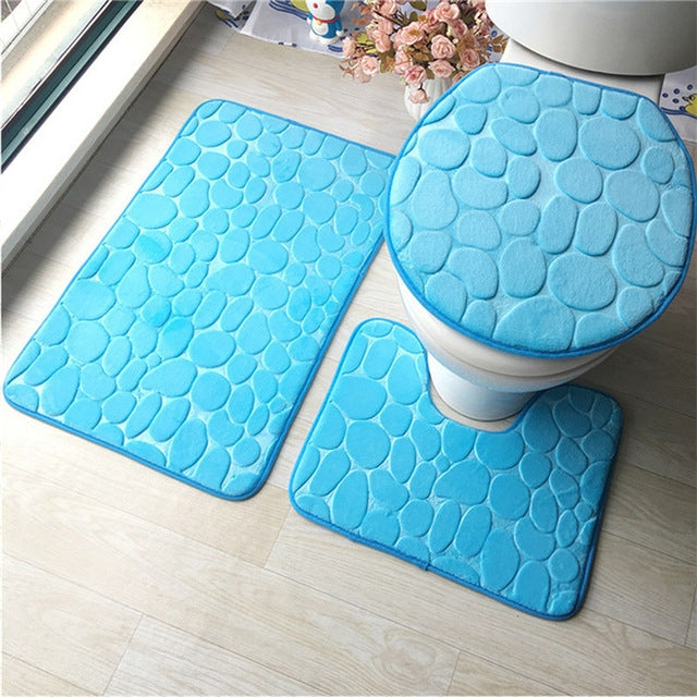 1 Set Three-Piece Set Flannel Anti-Slip Kitchen Bath Toilet Rug Mat Washable Carpet, White Printing, Purple Flower, Blue Cobblestone, Red Heart, Rose Red Flower Blue Cobblestone