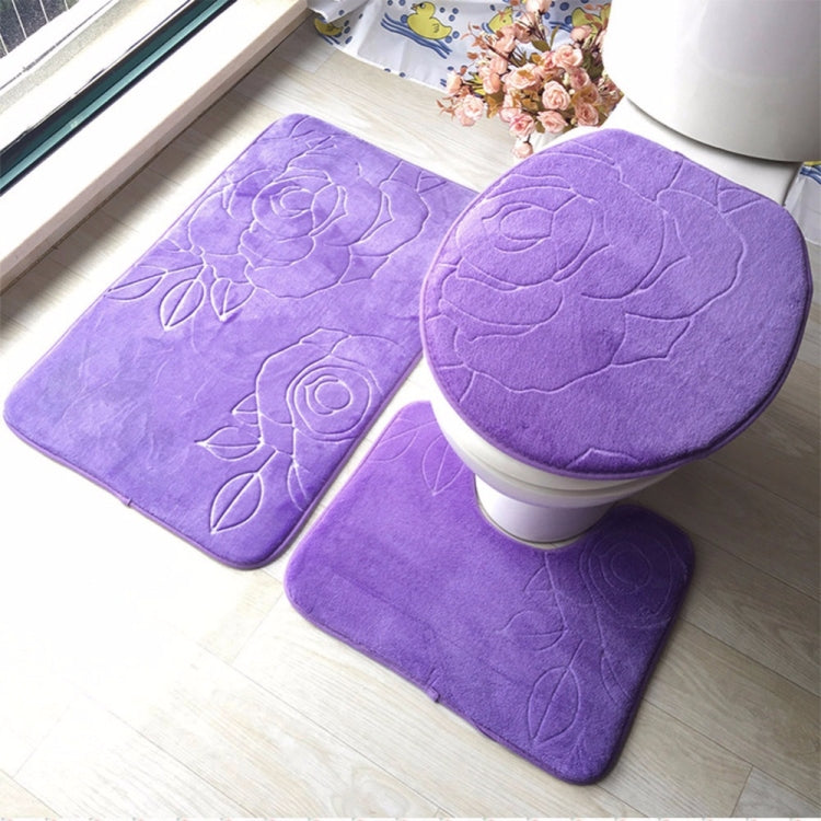 1 Set Three-Piece Set Flannel Anti-Slip Kitchen Bath Toilet Rug Mat Washable Carpet, White Printing, Purple Flower, Blue Cobblestone, Red Heart, Rose Red Flower