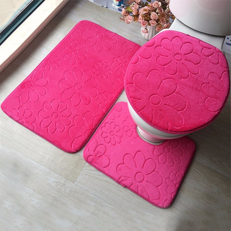 1 Set Three-Piece Set Flannel Anti-Slip Kitchen Bath Toilet Rug Mat Washable Carpet, White Printing, Purple Flower, Blue Cobblestone, Red Heart, Rose Red Flower