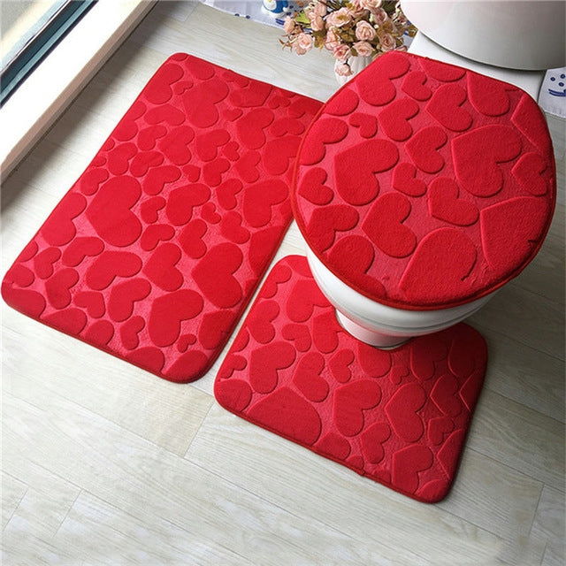 1 Set Three-Piece Set Flannel Anti-Slip Kitchen Bath Toilet Rug Mat Washable Carpet, White Printing, Purple Flower, Blue Cobblestone, Red Heart, Rose Red Flower Red Heart