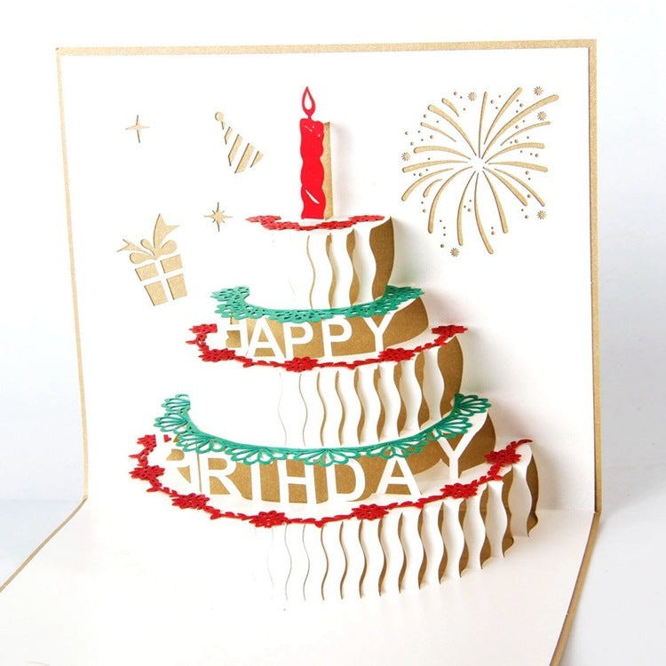 2 PCS 3D Three-Dimensional Cake Birthday Card Children Handmade Gift Small Card, Red Cover, Golden Cover