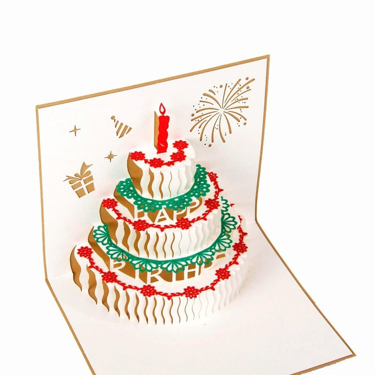 2 PCS 3D Three-Dimensional Cake Birthday Card Children Handmade Gift Small Card, Red Cover, Golden Cover