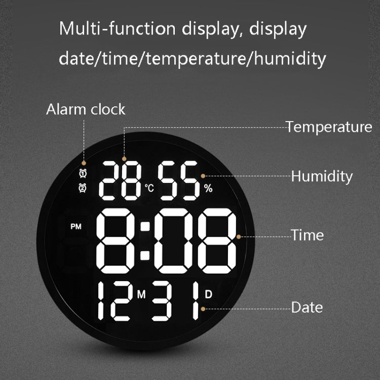 6620 12 Inch LED Simple Wall Clock Living Room Round Silent Digital Temperature And Humidity Electronic Clock, White Frame EU Plug, Black Frame EU Plug, White Frame US Plug, Black Frame US Plug