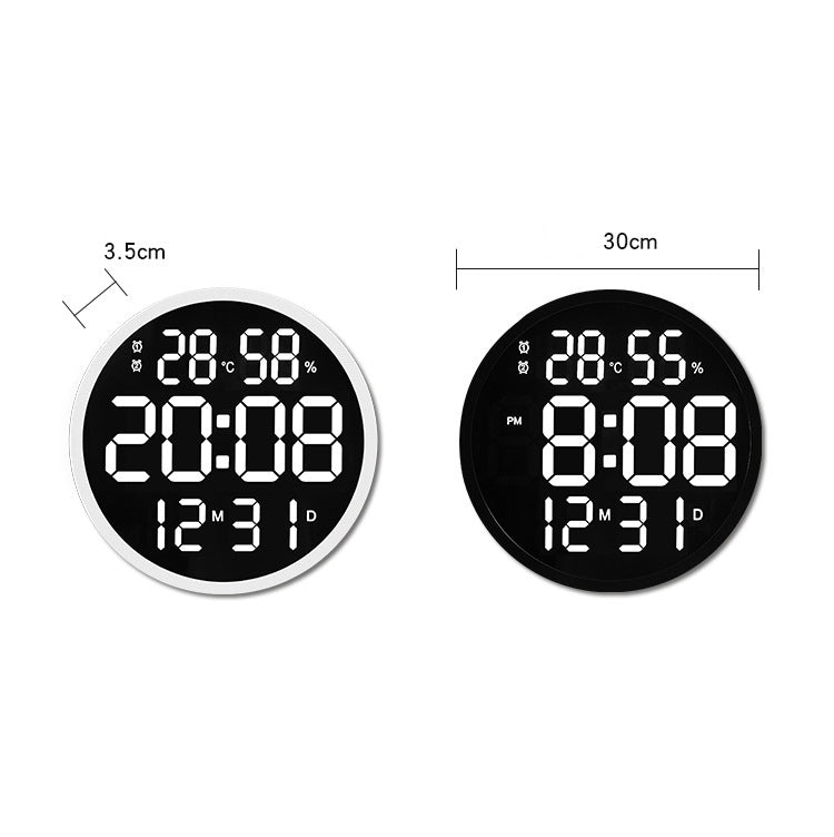 6620 12 Inch LED Simple Wall Clock Living Room Round Silent Digital Temperature And Humidity Electronic Clock, White Frame EU Plug, Black Frame EU Plug, White Frame US Plug, Black Frame US Plug