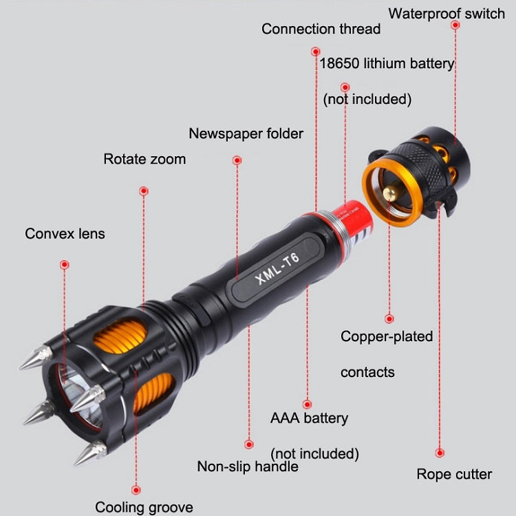 Outdoor LED T6 Strong Light Rechargeable Flashlight Car Safety Hammer Multi-Function Aelf-Defense Flashlight