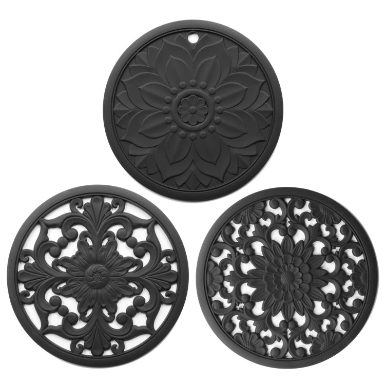 3 in 1 Hollow Flower Silicone Heat Insulation Pad Anti-Scalding Pot Bowl Pad Set, Black, Yellow, Blue, Green, Purple, Gray Black